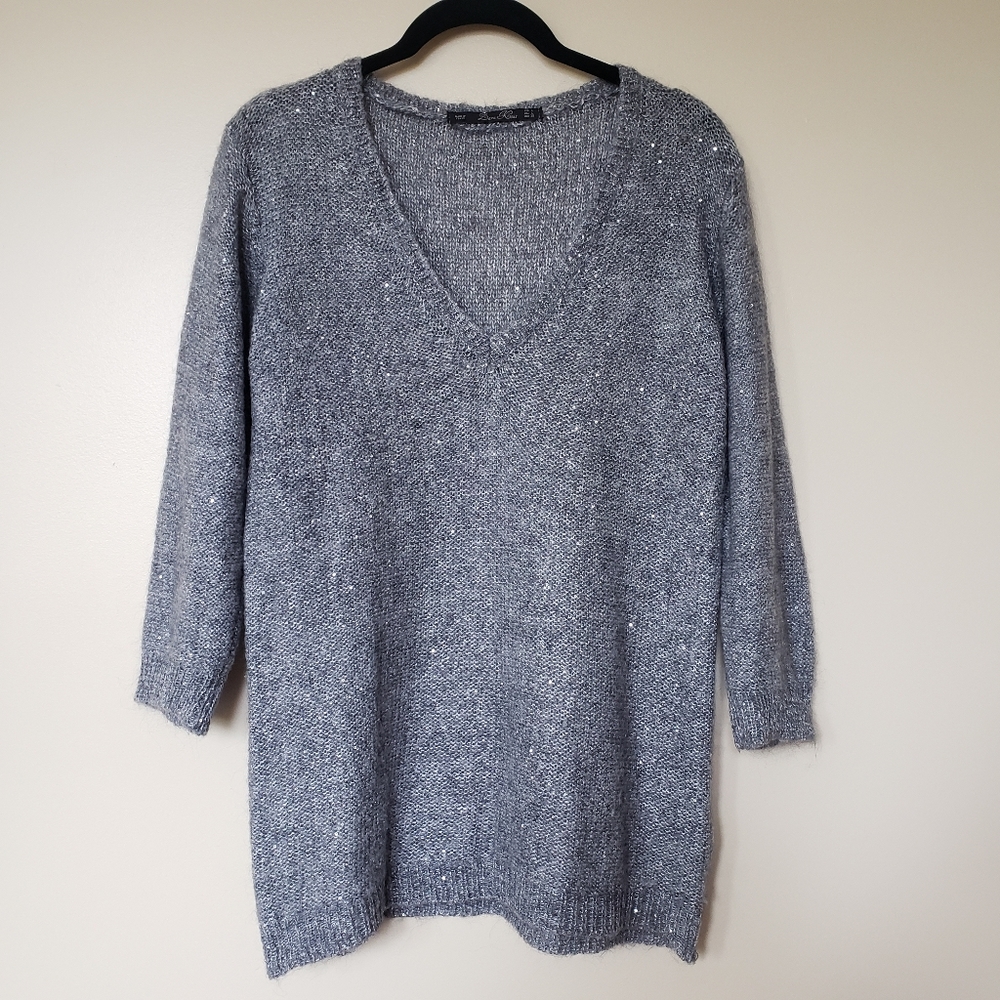 Zara Silver Sequin Mohair Blend V Neck Sweater Large